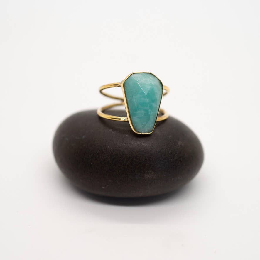 Baizaar nickel free brass faceted amazonite boho statement ring