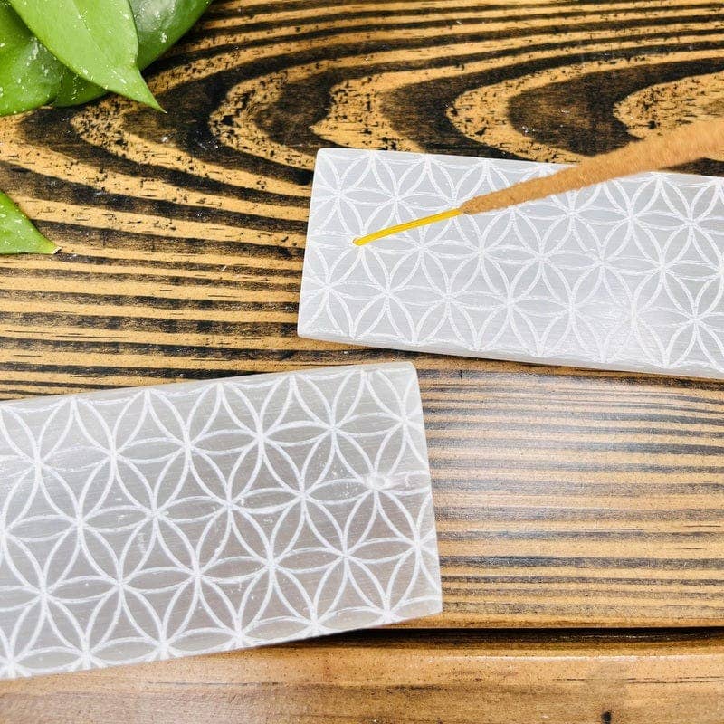 Selenite Incense Burner with Engraved Flower of Life