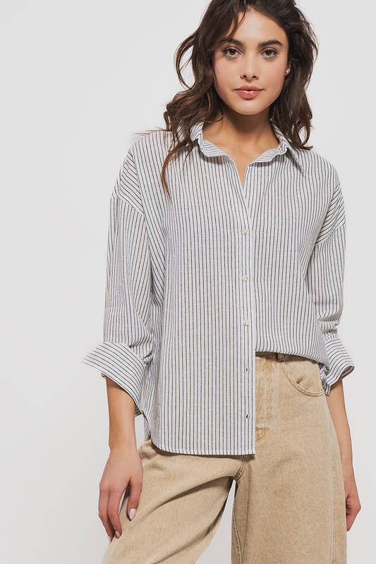 boyfriend style pinstripe long sleeve button down shirt full length relaxed fit drop shoulders