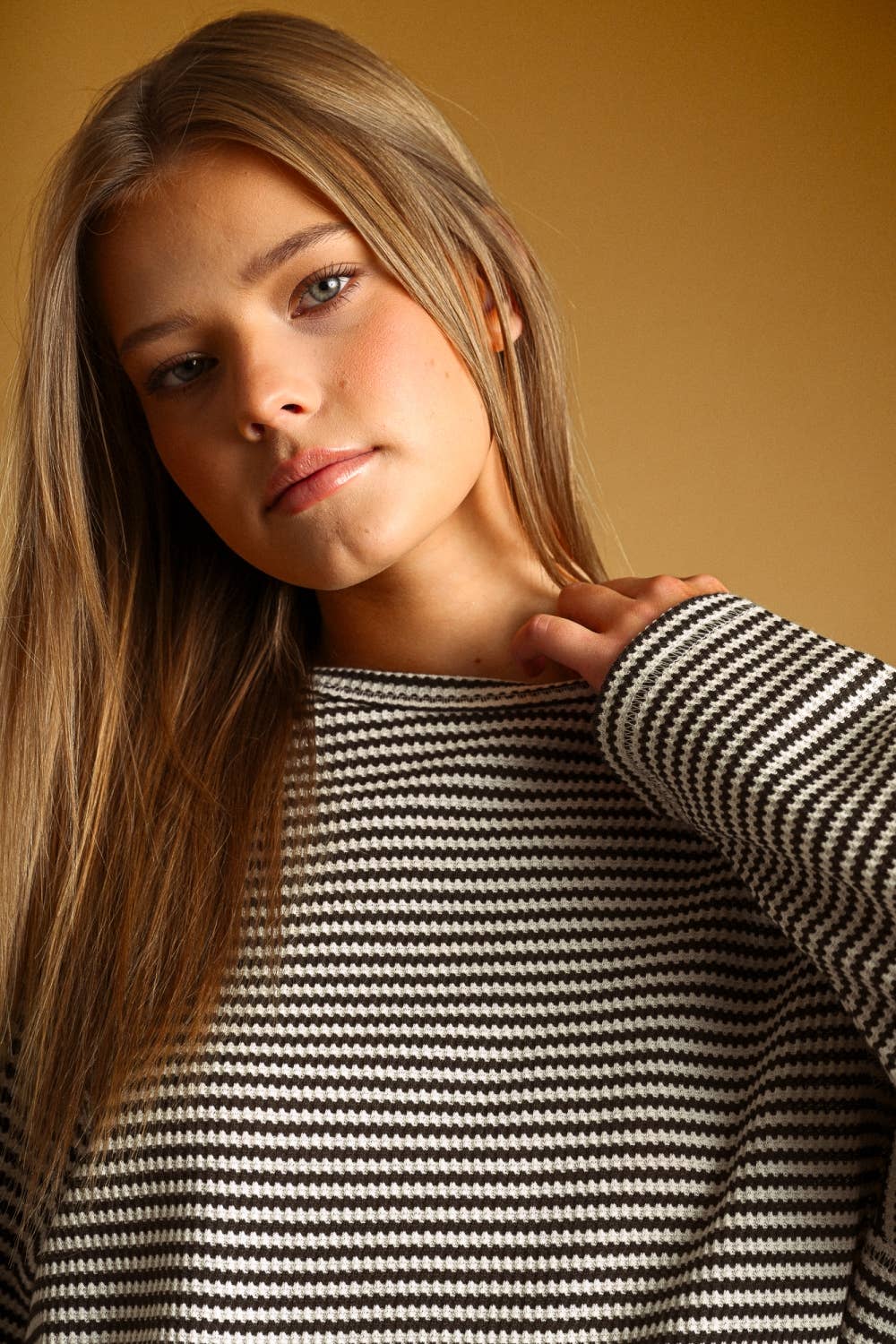 MIOU MUSE - ET6930   STRIPED WAFFLE FABRIC LONG SLEEVE TOP