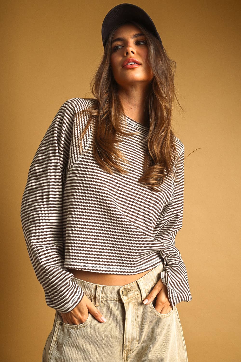 MIOU MUSE - ET6930   STRIPED WAFFLE FABRIC LONG SLEEVE TOP