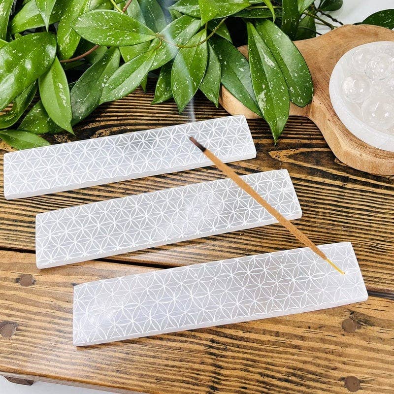 Selenite Incense Burner with Engraved Flower of Life