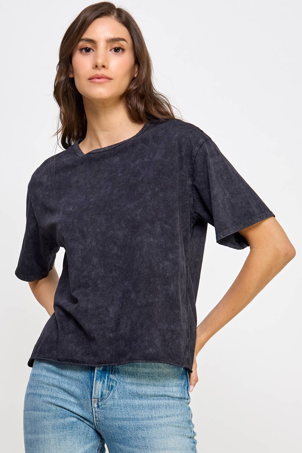Honestee - Blank Mineral Washed Long Cropped T-Shirt