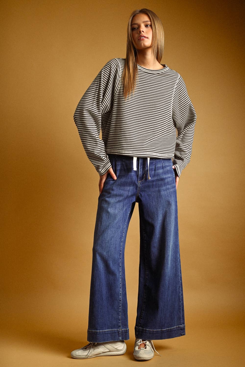 MIOU MUSE - ET6930   STRIPED WAFFLE FABRIC LONG SLEEVE TOP
