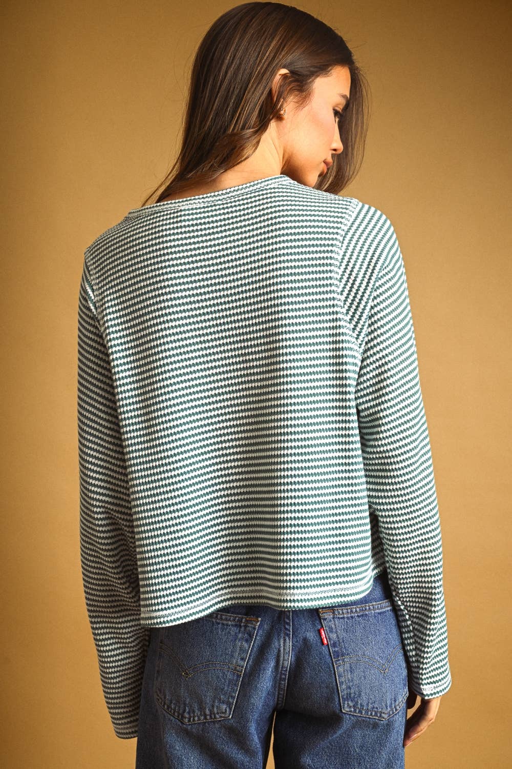 MIOU MUSE - ET6930   STRIPED WAFFLE FABRIC LONG SLEEVE TOP
