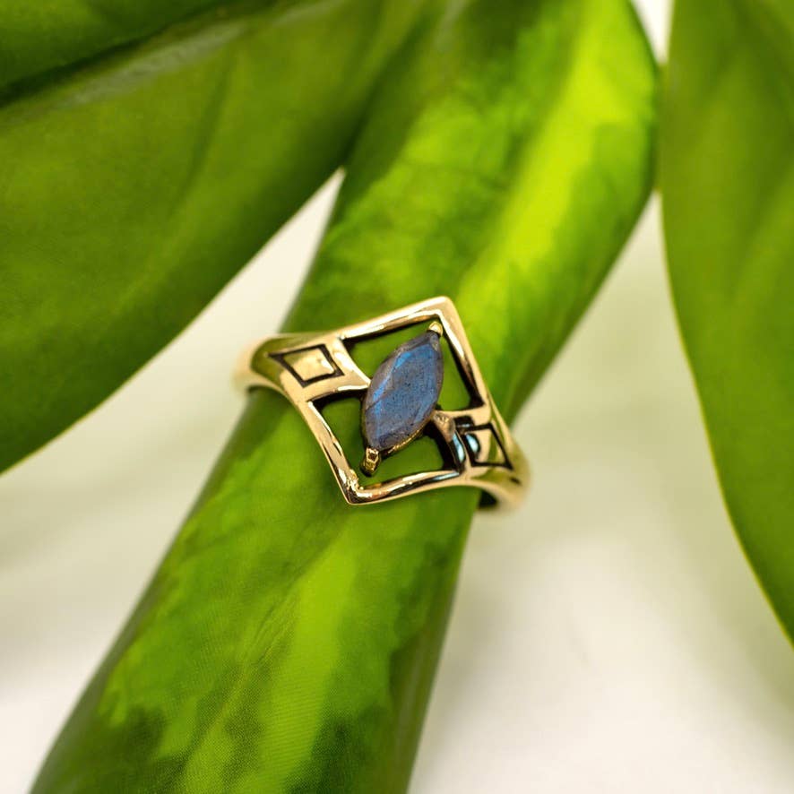 Baizaar fair trade nickel free brass mystic labradorite gold boho ring