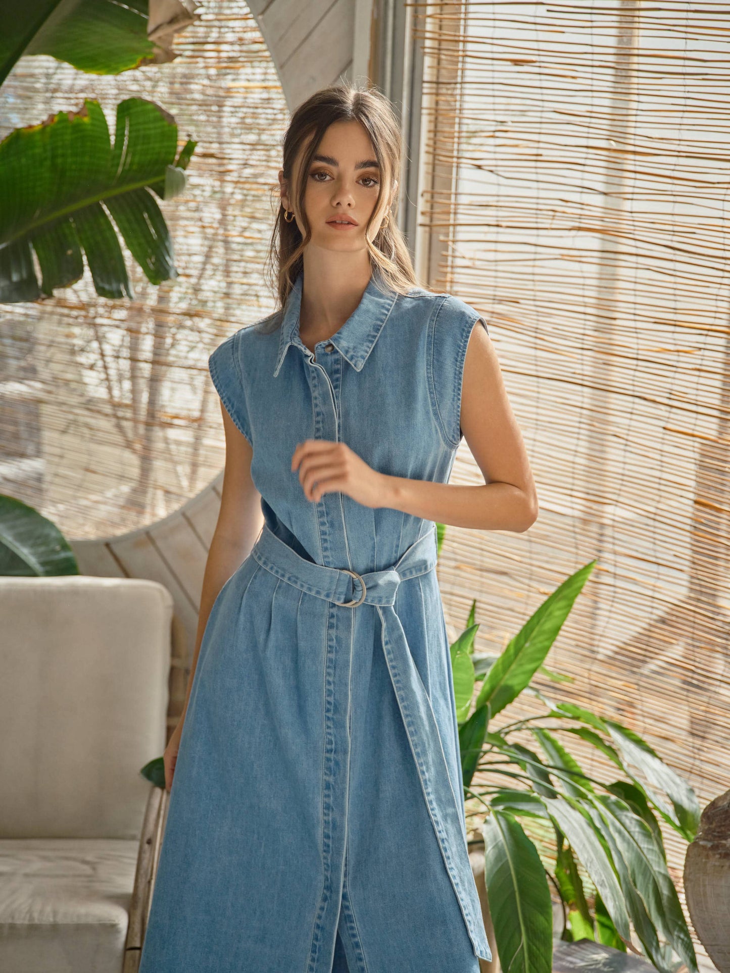 Aaron & Amber - AJD5696 CAP SLEEVE BELTED BUTTON DOWN MIDI DRESS