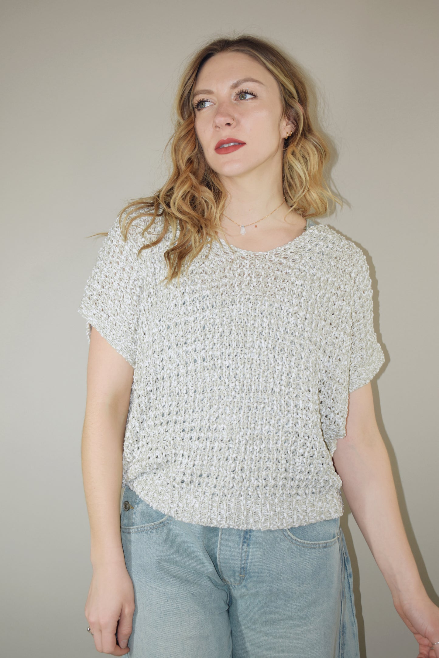 crochet summer short sleeve sweater full length boxy fit scoop/vneck neckline slight batwing 