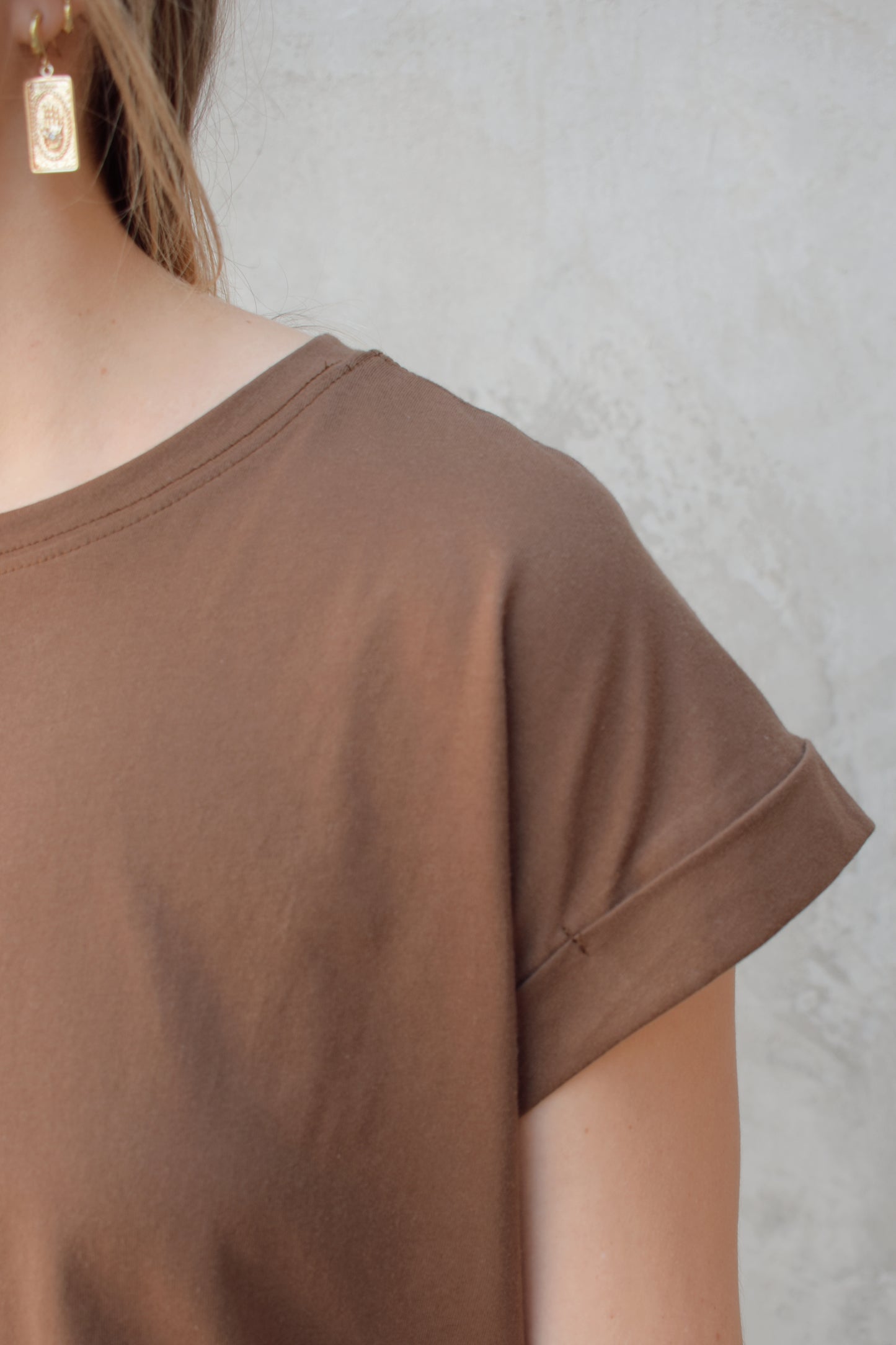 lightweight boxy style t-shirt crew neck with cuffed sleeves, hits at hips, staple basic 
