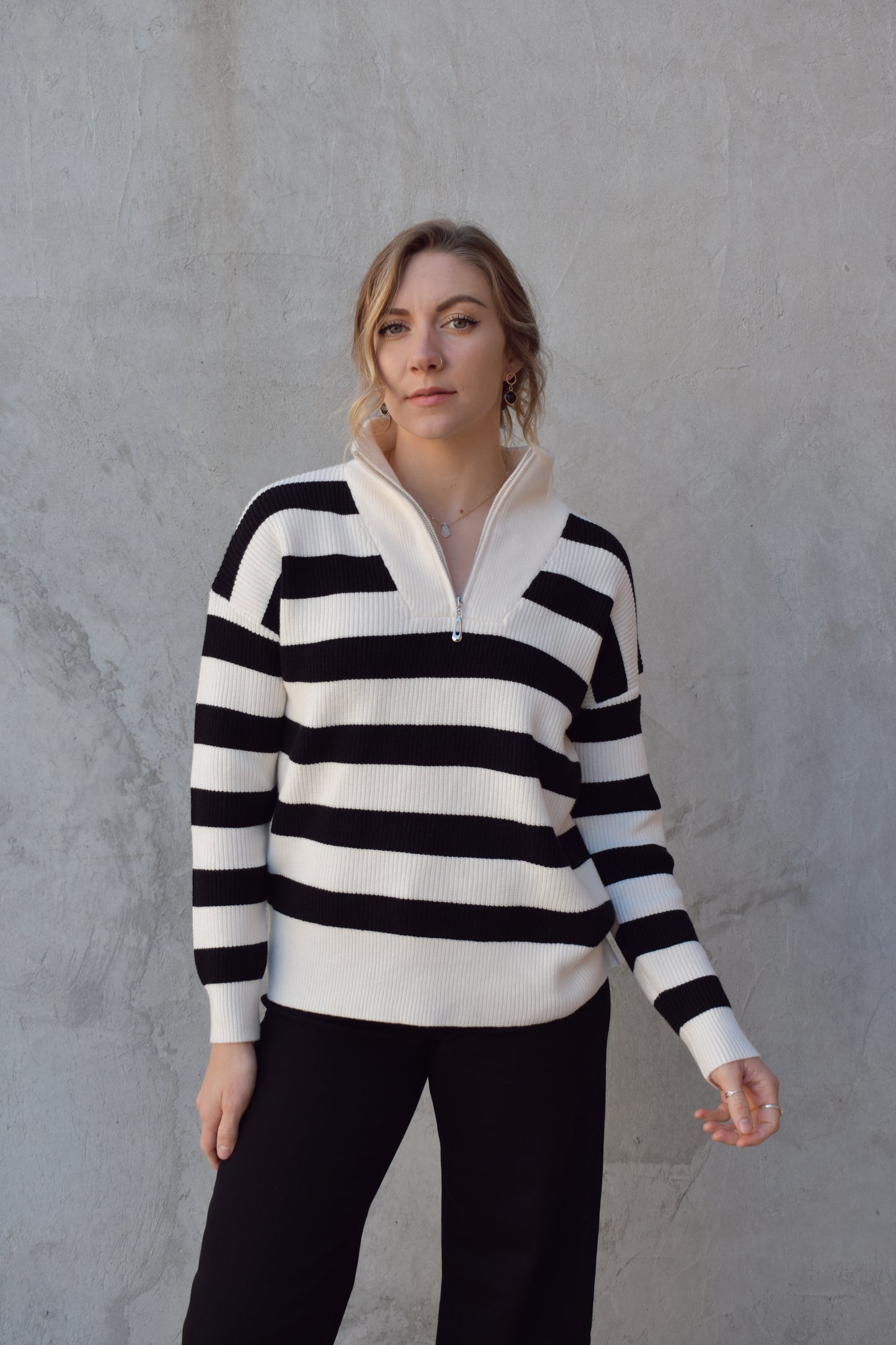 quarter zip pullover sweater with collar, thick horizontal stripes, no stripes on collar, drop shoulders, full length