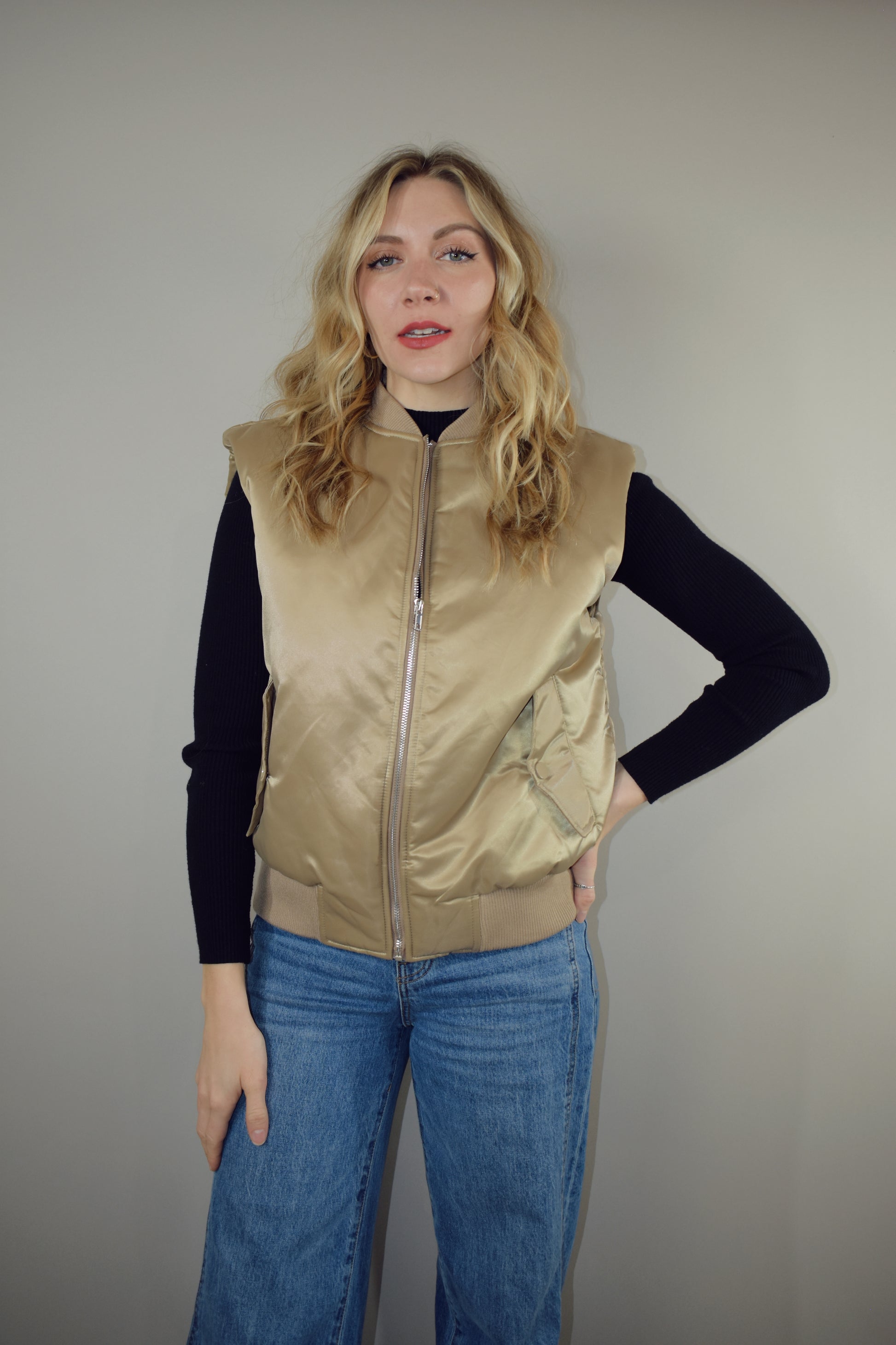 gold satin full length bomber style vest with side flap snap enclosure pockets 