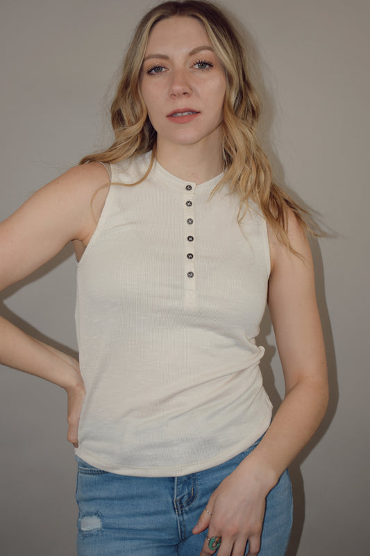 straight fit ribbed henley tank high neck scoop hem 6 buttons basic lightweight