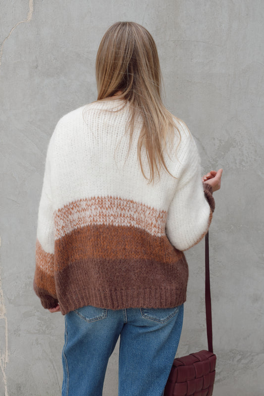 cozy relaxed fit cardigan with bottom half color blocked with earthy tones, white on top drop shoulder ribbed hem full length 