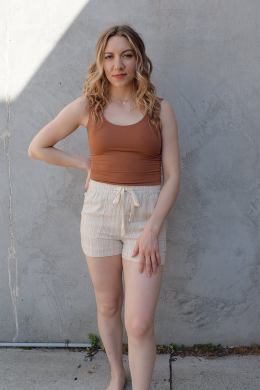 linen blend stripe textured drawstring shorts with front pockets fitted