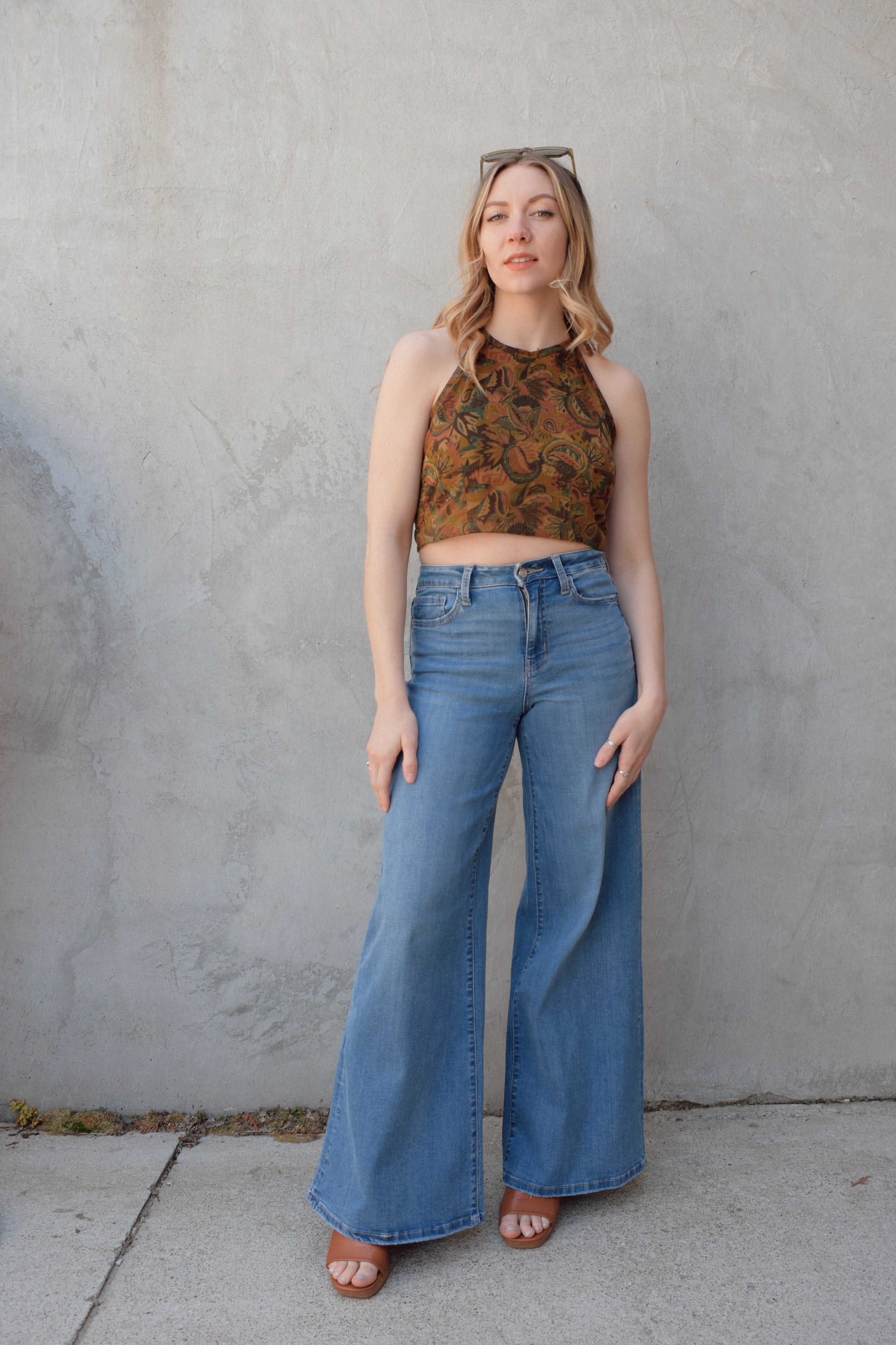 retro paisley halter tie tank top cropped with stretch rushing panel on back