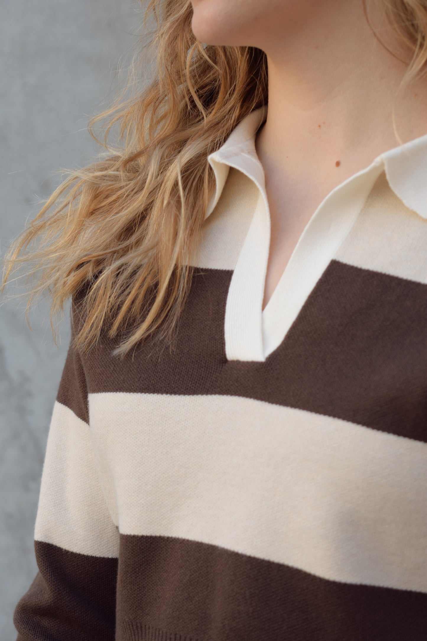 cream and dark brown slightly cropped polo light weight sweater wide horizontal stripes ribbed cuffs and hem drop shoulder 