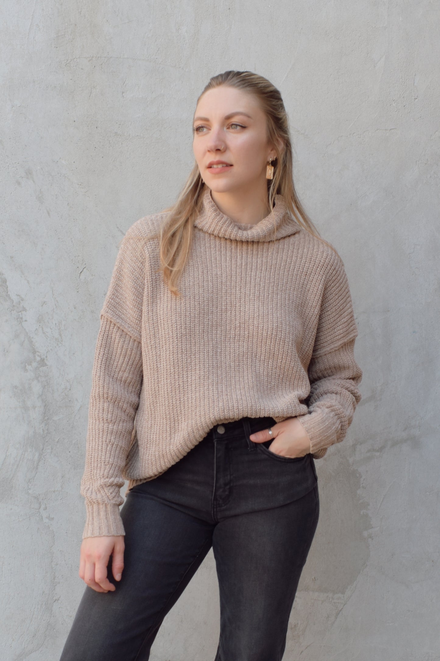 chunky knit sweater oversized drop shoulder loose turtle neck super soft ribbed hem and cuffs