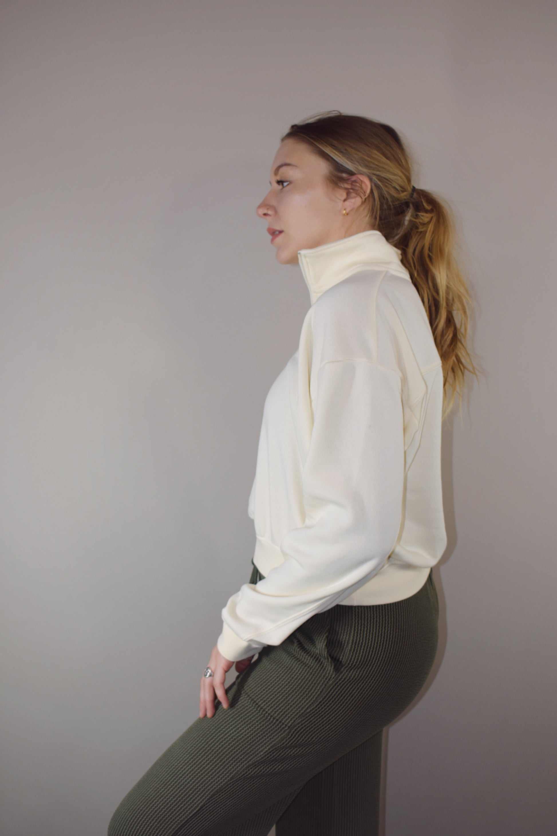 quarter zip long sleeve sweatshirt with drop shoulders, full length, relaxed fit, super soft. athleisure