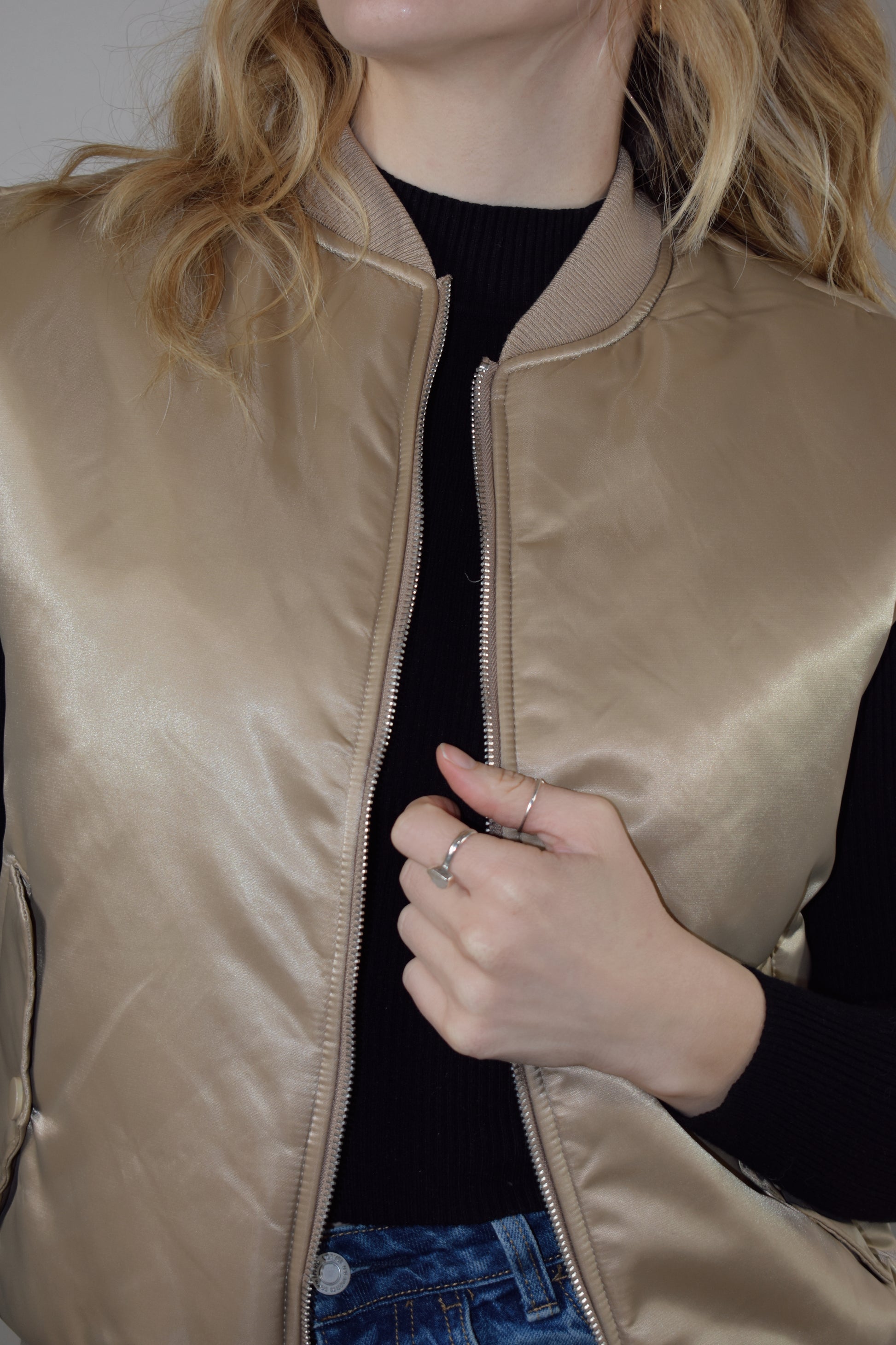 gold satin full length bomber style vest with side flap snap enclosure pockets 