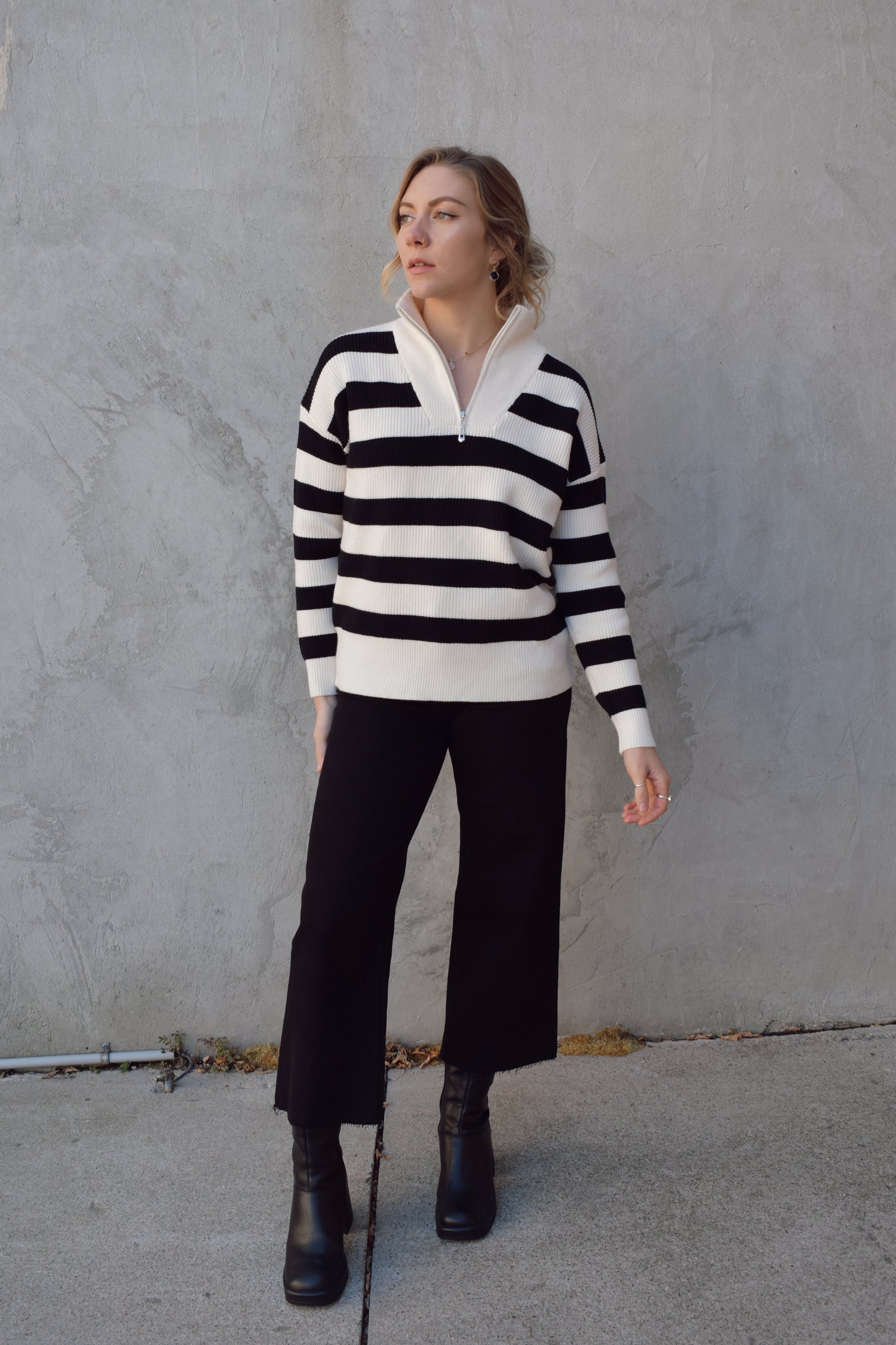 quarter zip pullover sweater with collar, thick horizontal stripes, no stripes on collar, drop shoulders, full length