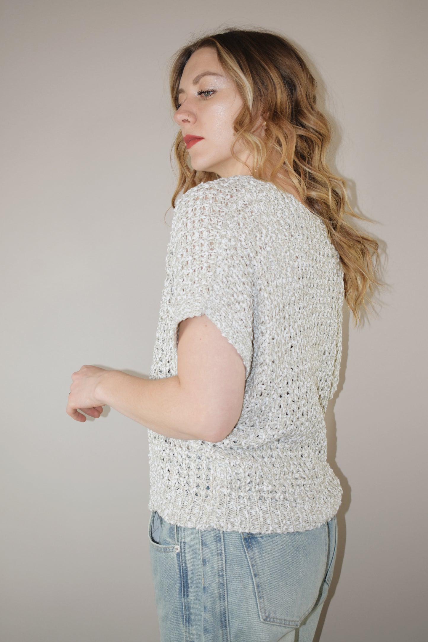 crochet summer short sleeve sweater full length boxy fit scoop/vneck neckline slight batwing 