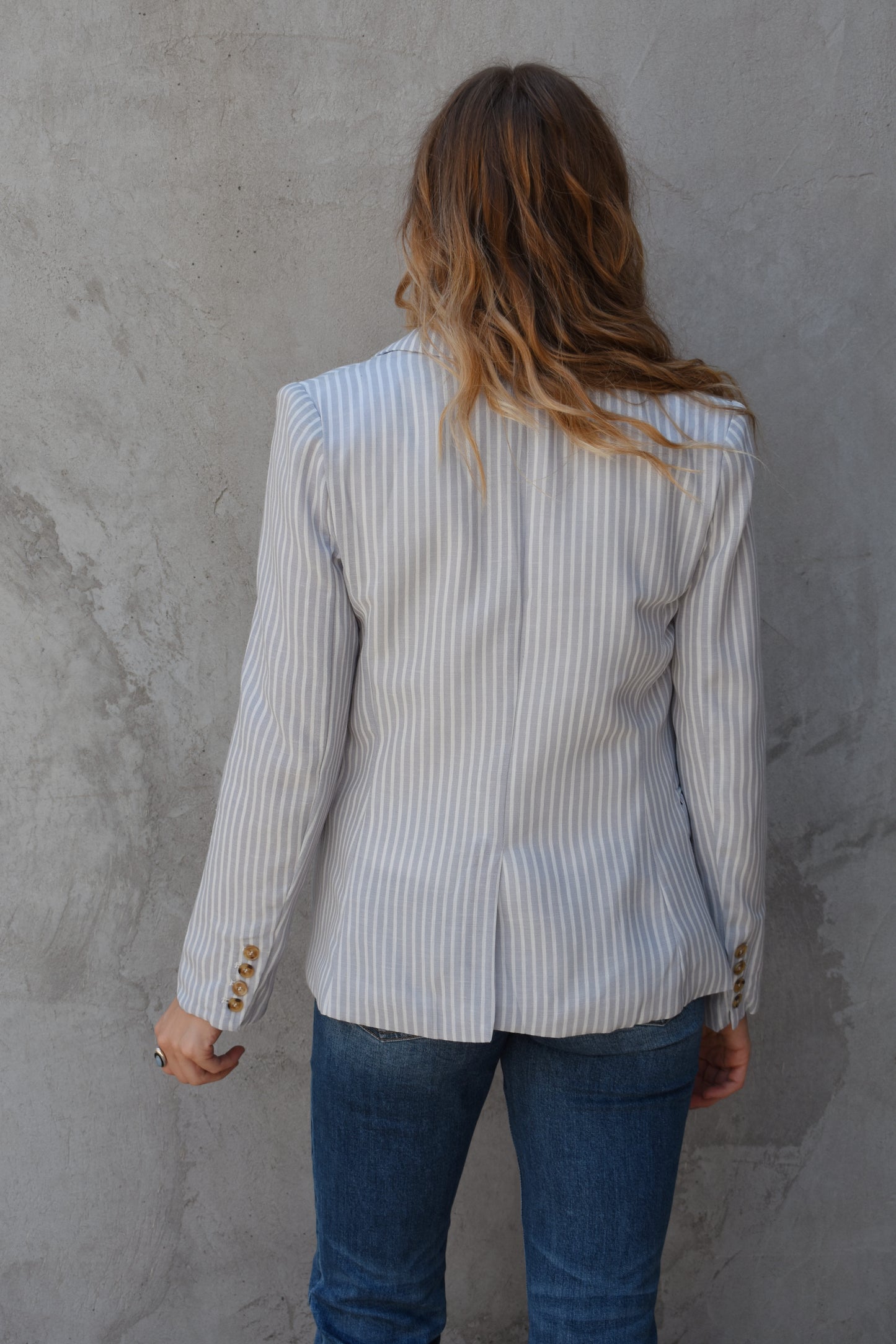 striped single button blazer
