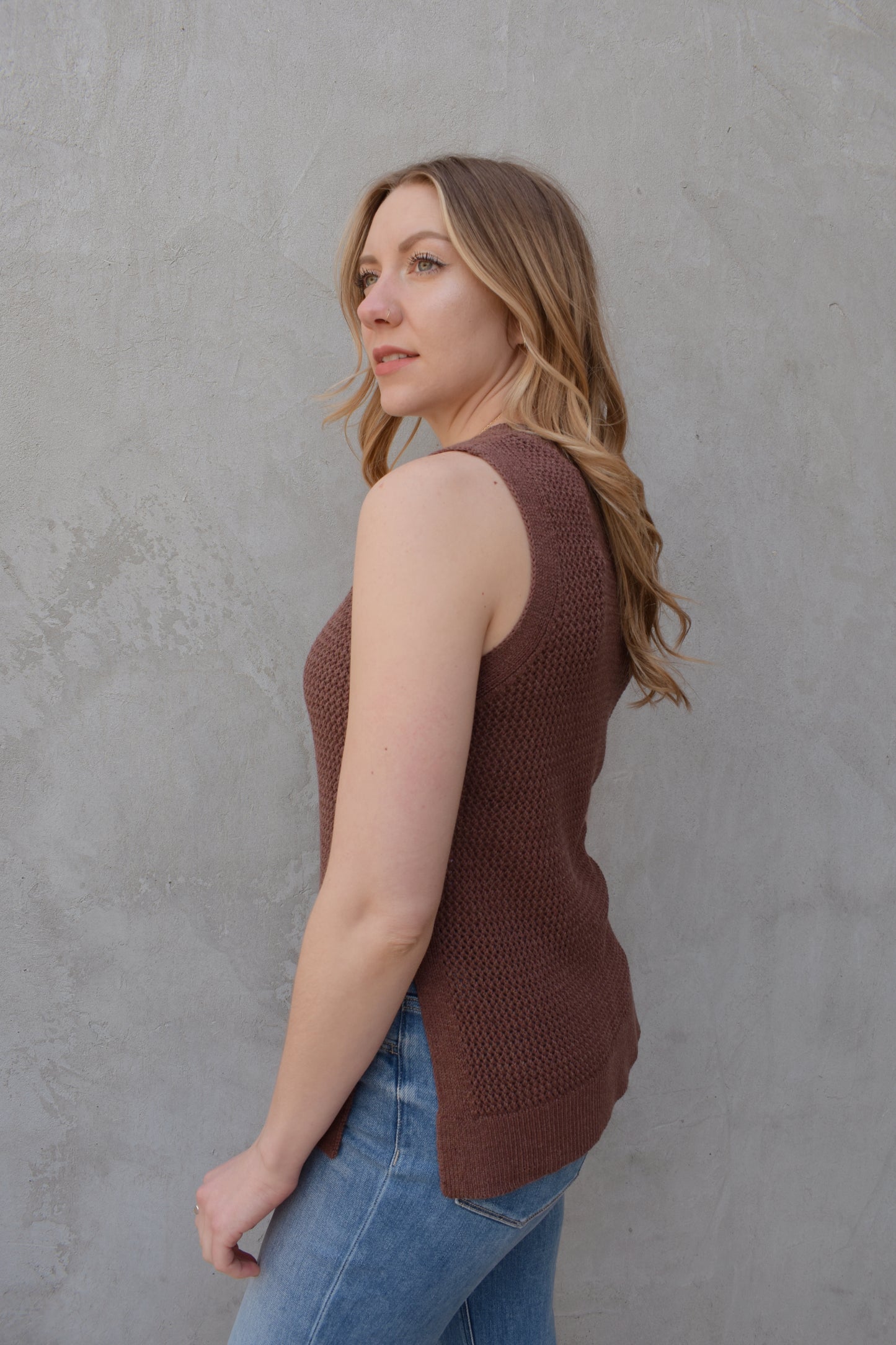 varsity knit sweater tank lightweight v neck side slits full length loose straight fit