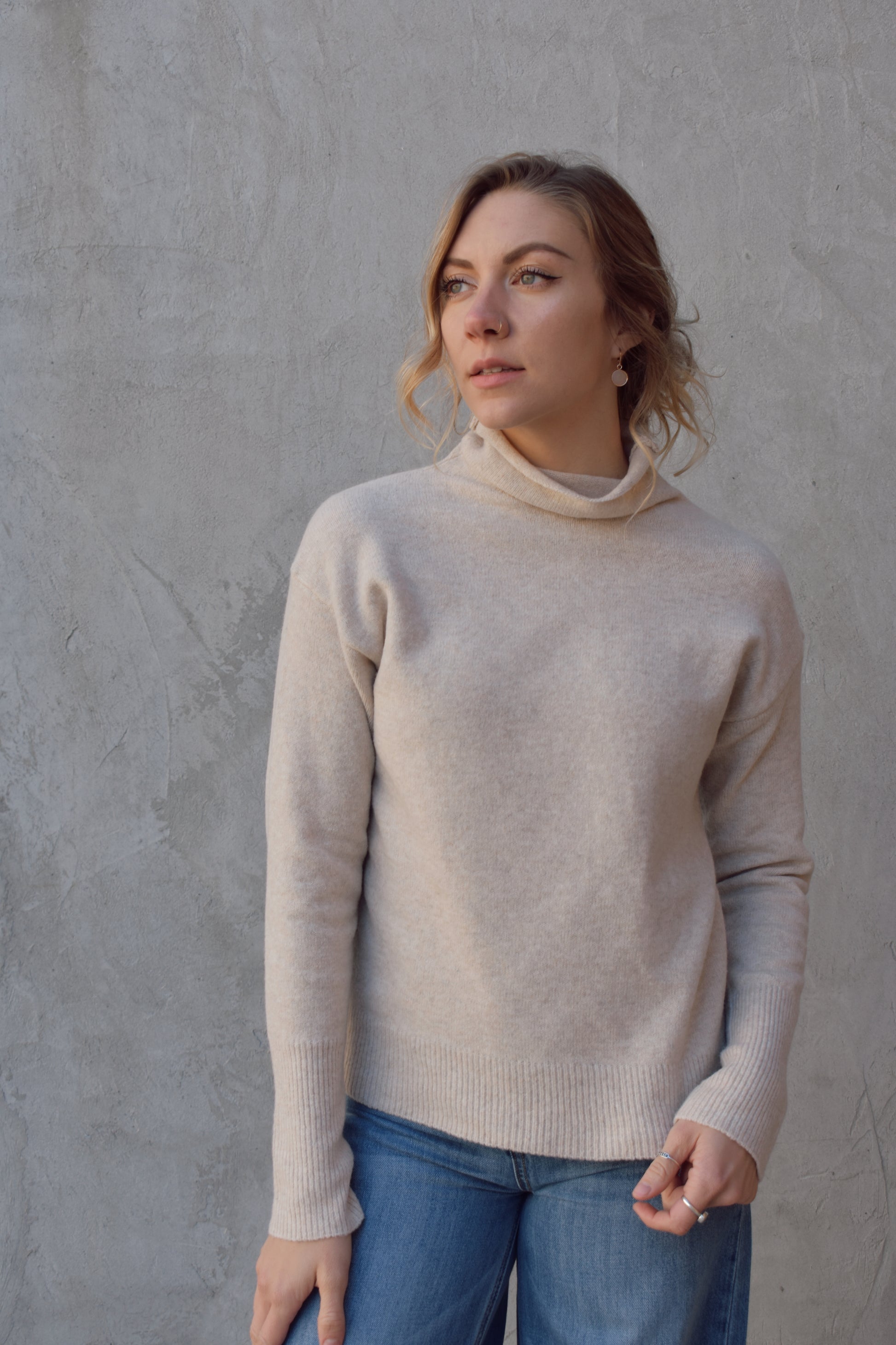 full length long sleeve turtleneck lightweight sweater, relaxed fit, drop shoulders, loose fabric around neck