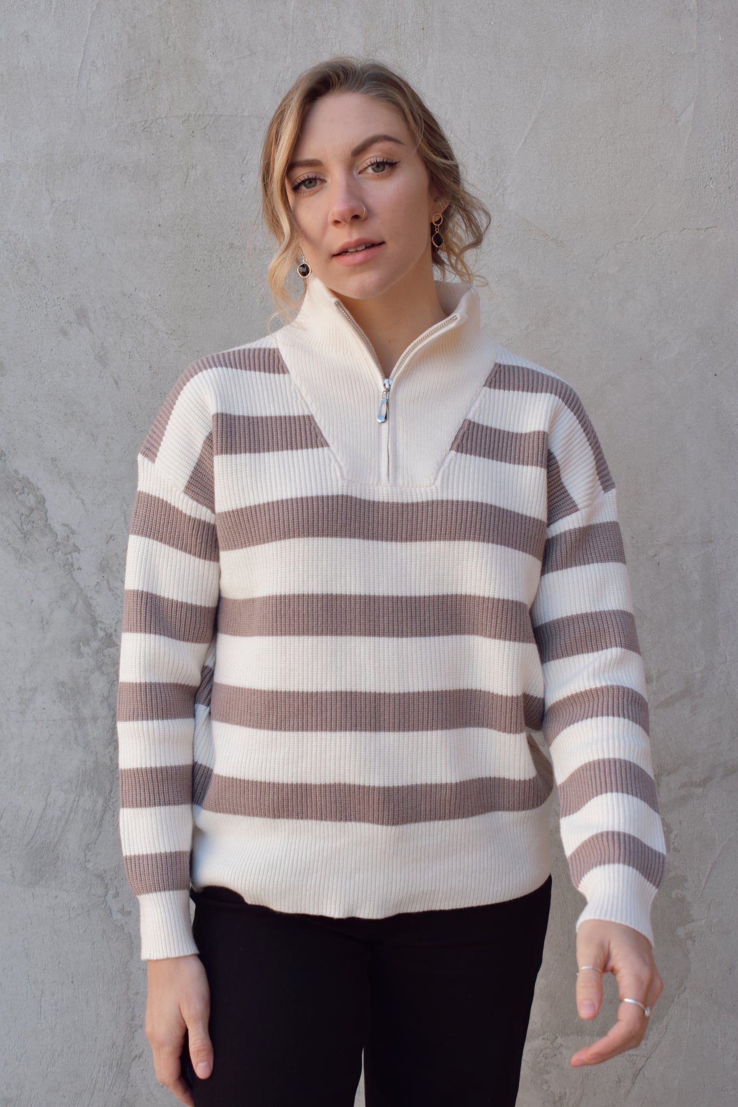 quarter zip pullover sweater with collar, thick horizontal stripes, no stripes on collar, drop shoulders, full length