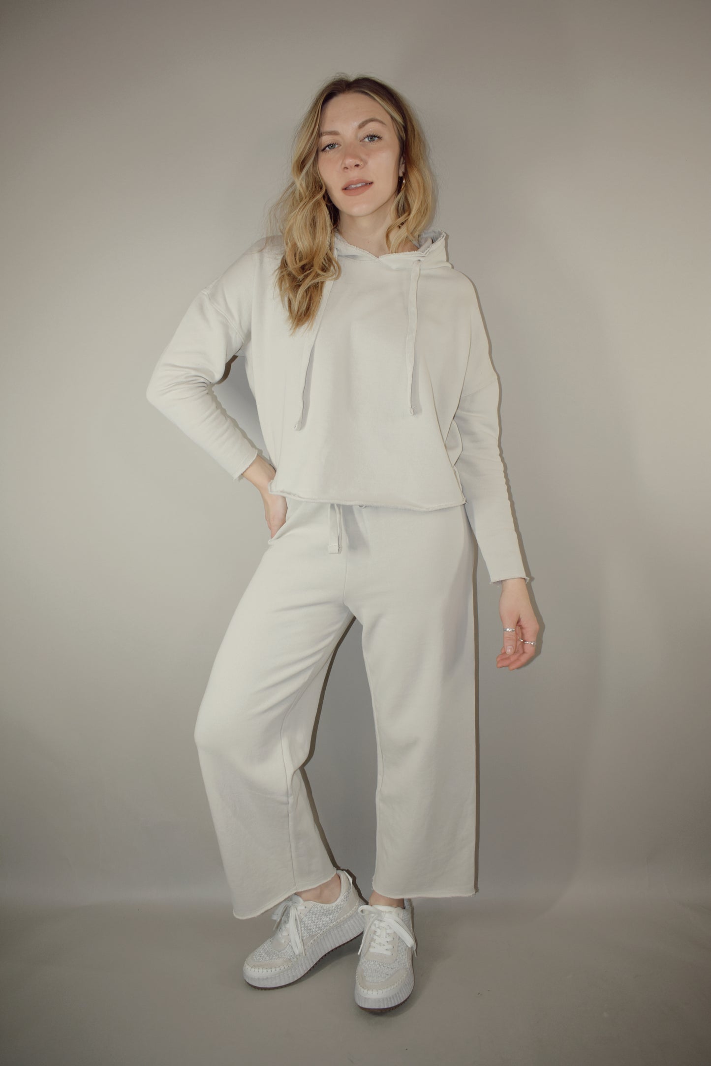 wide leg 100% cotton sweatpants with drawstring and elastic waistband raw hem no pockets athleisure