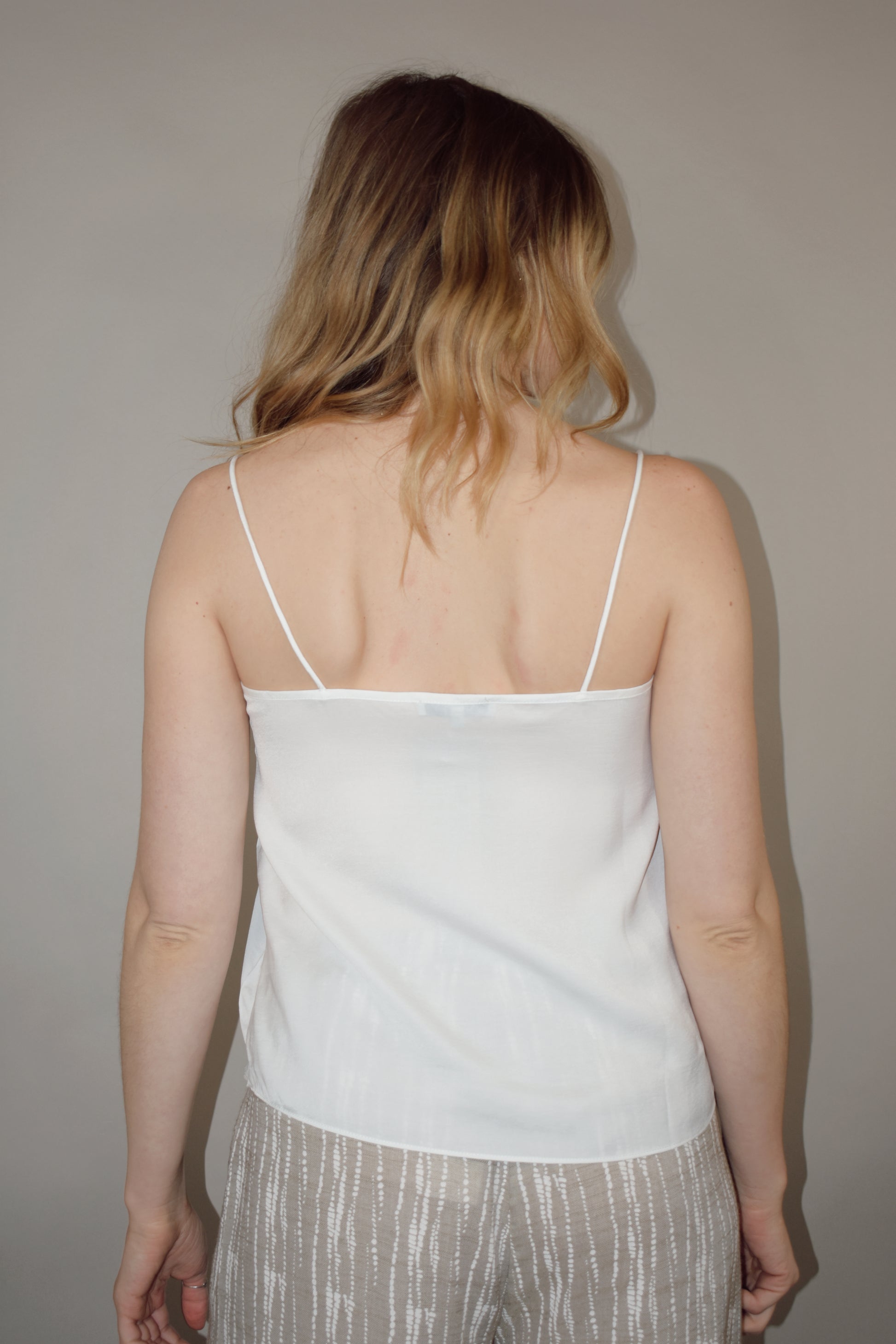 spaghetti strap satin cami full length straight fit with double lace trim along neckline