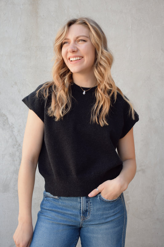 short relaxed cap sleeve style sweater crew neck full length wide ribbed hem