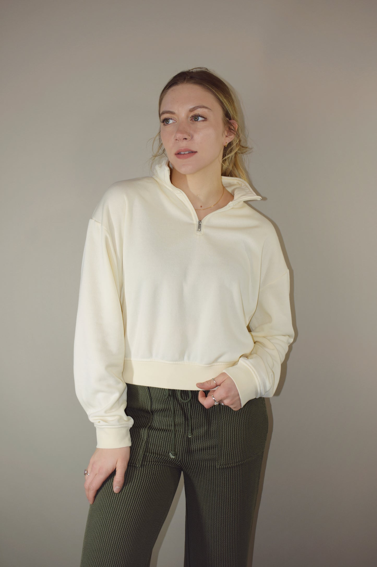 quarter zip long sleeve sweatshirt with drop shoulders, full length, relaxed fit, super soft. athleisure