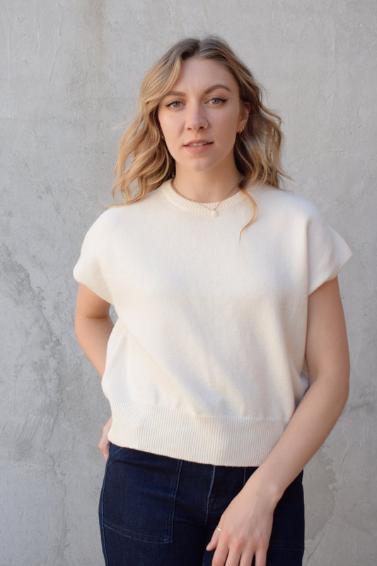 short relaxed cap sleeve style sweater crew neck full length wide ribbed hem