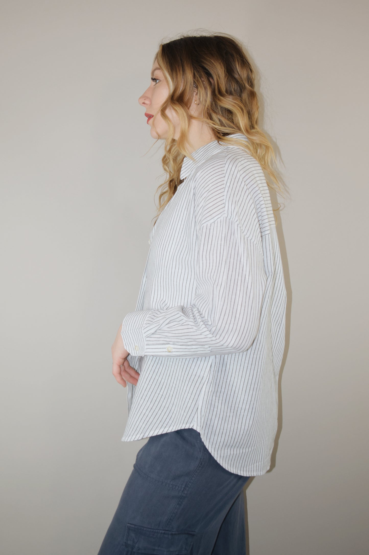 boyfriend style pinstripe long sleeve button down shirt full length relaxed fit drop shoulders