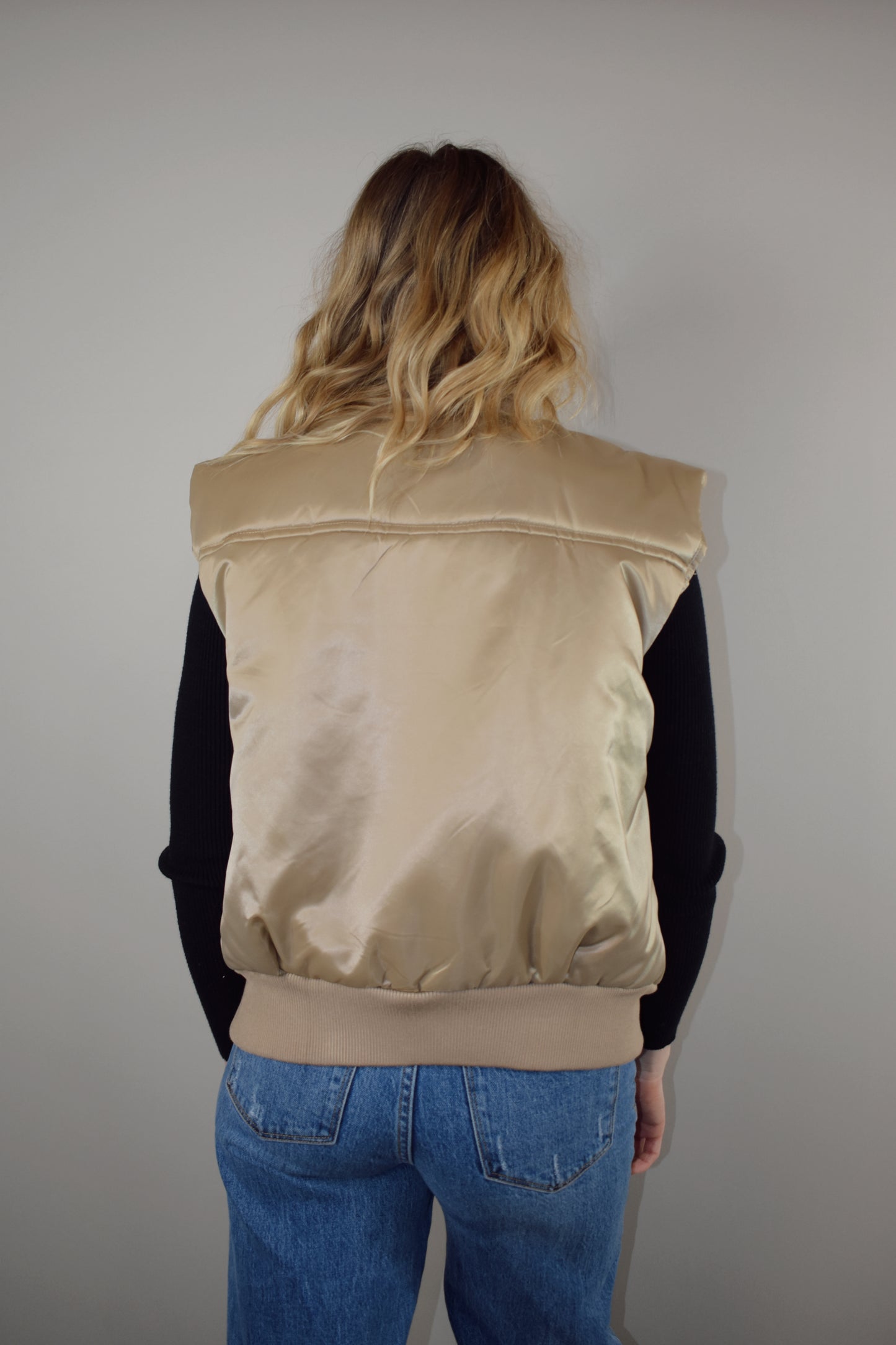 gold satin full length bomber style vest with side flap snap enclosure pockets 