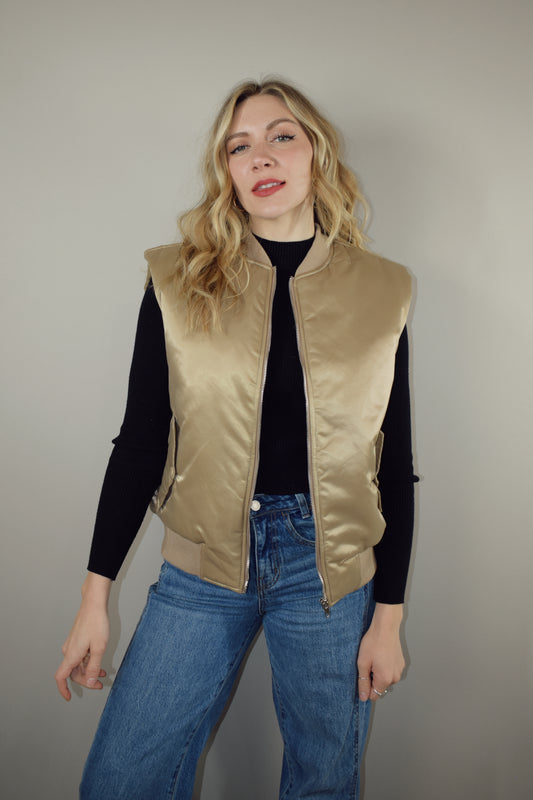 gold satin full length bomber style vest with side flap snap enclosure pockets 