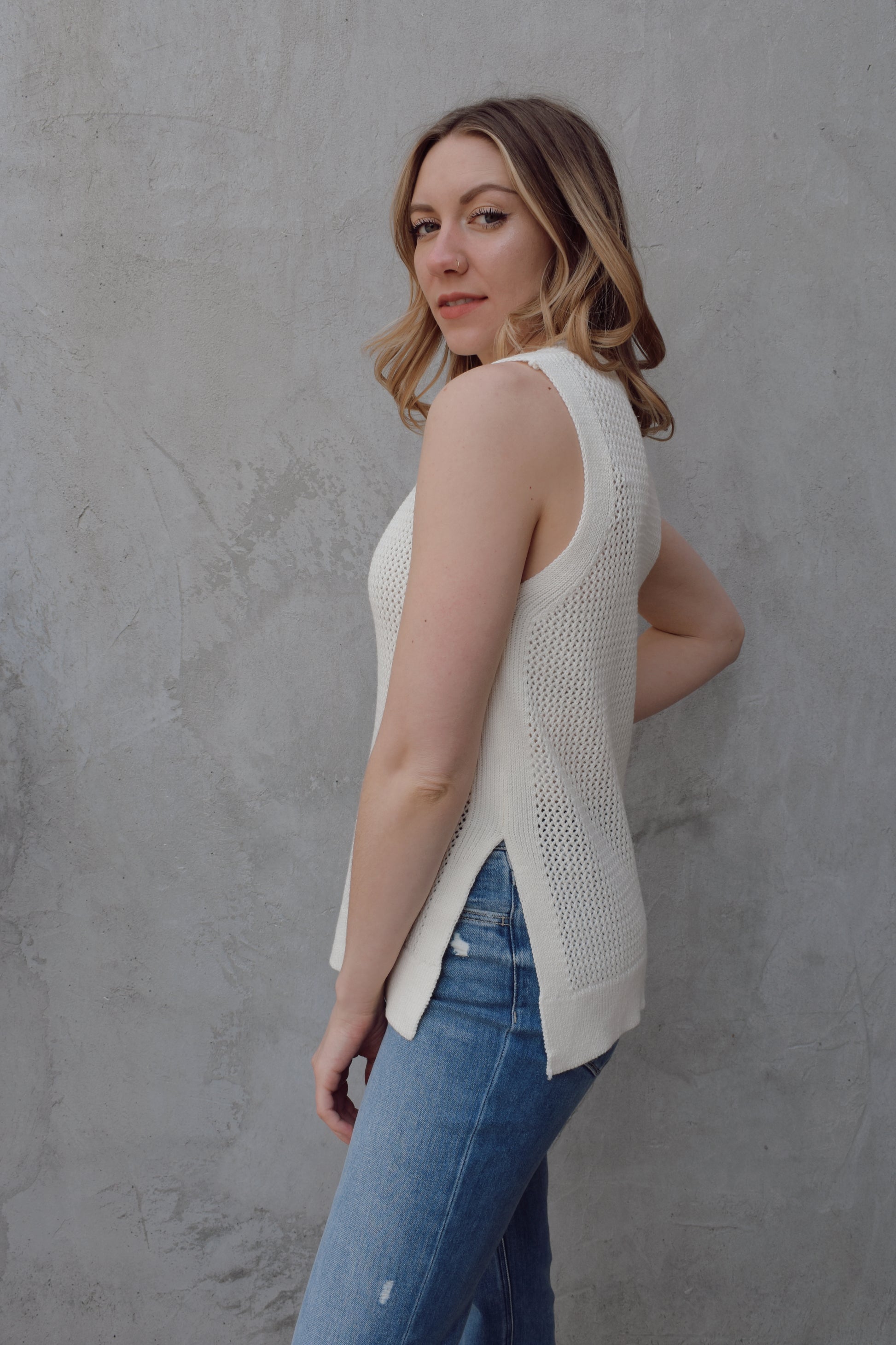 varsity knit sweater tank lightweight v neck side slits full length loose straight fit