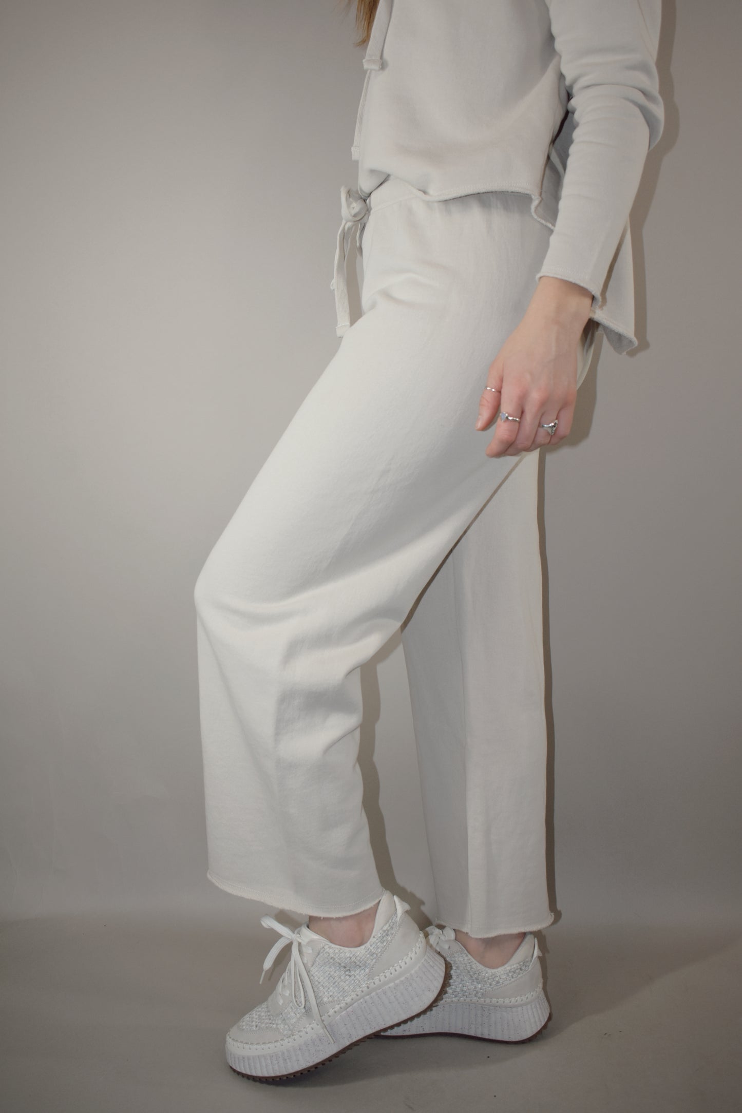 wide leg 100% cotton sweatpants with drawstring and elastic waistband raw hem no pockets athleisure