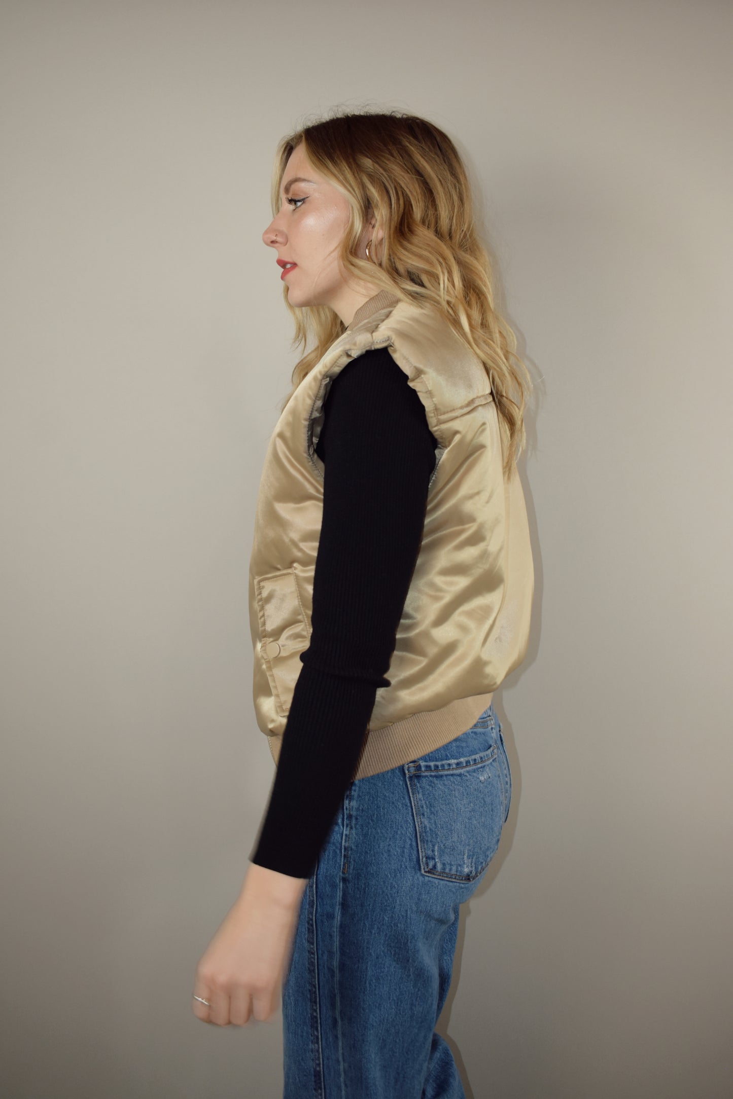 gold satin full length bomber style vest with side flap snap enclosure pockets 