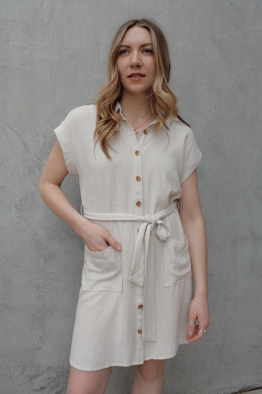 linen button down mini dress with front slouchy patch pockets waist tie cap sleeves lightweight 
