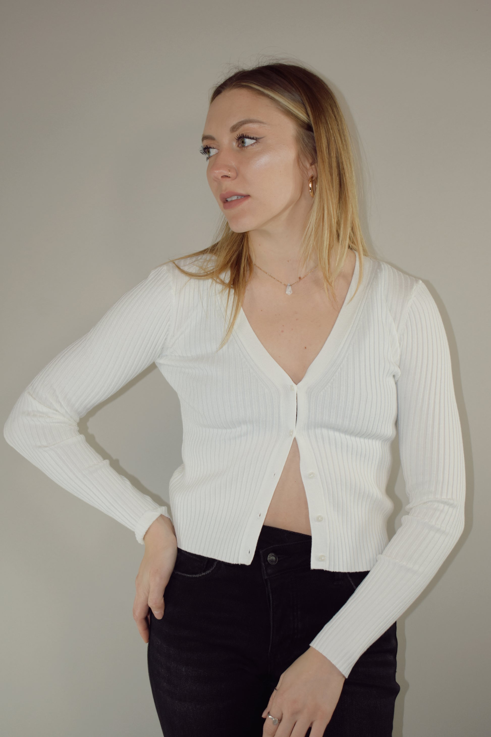 fitted slightly cropped v neck button front cardigan ribbed classic staple piece