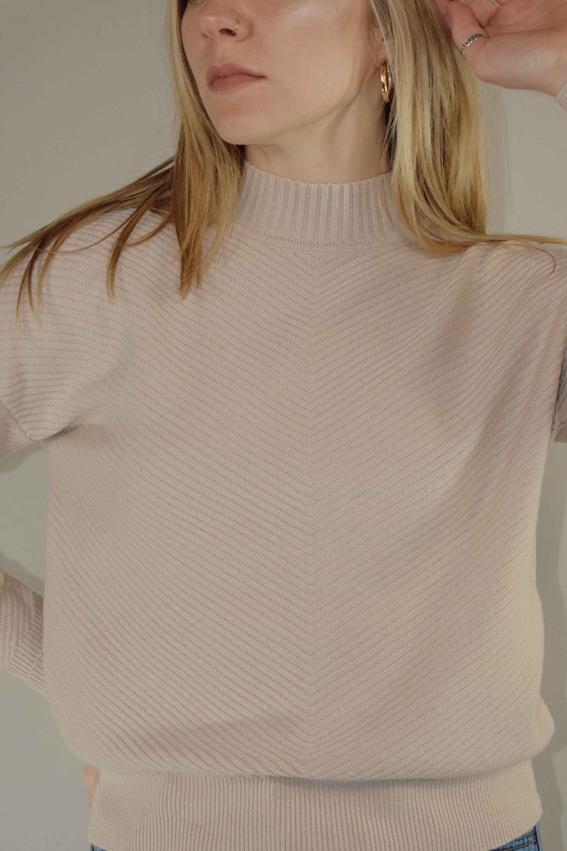 full length relaxed fit mock neck sweater with diagonal texture pattern