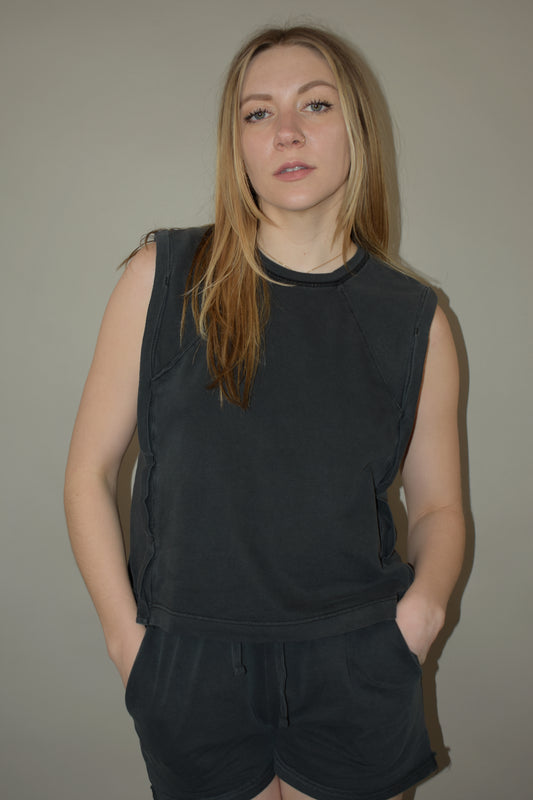 boxy seamed tank with side panel detail cotton fabric crewneck full length straight fit