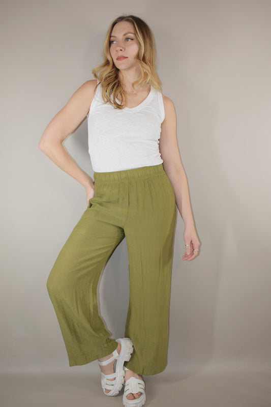 breezy lightweight olive pants slight wide leg high waisted with elastic waistband and shorts length liner has pockets in front not in back