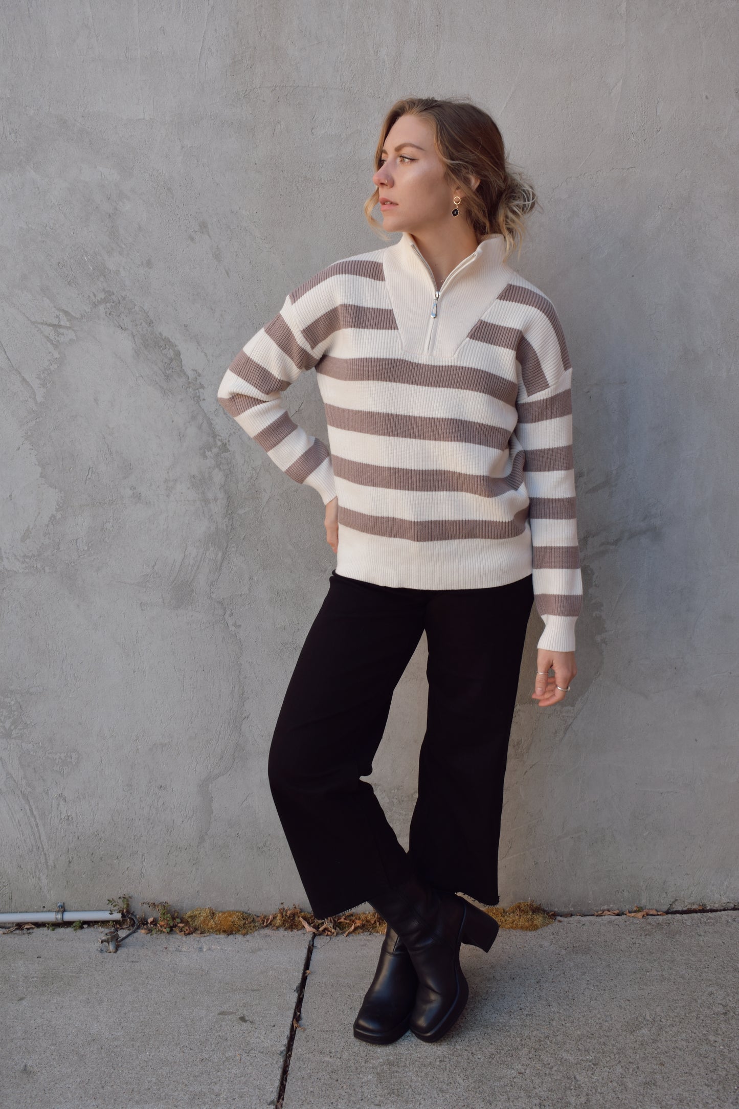 quarter zip pullover sweater with collar, thick horizontal stripes, no stripes on collar, drop shoulders, full length