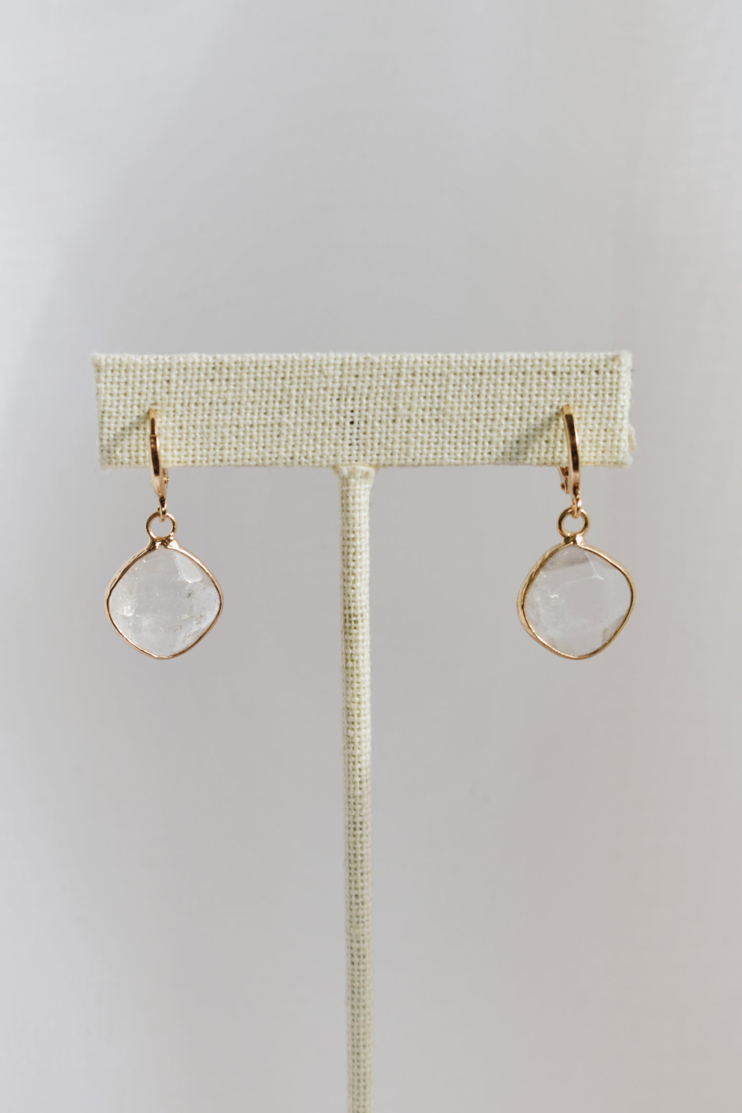 revival made goods clear faceted quartz gold plated huggie style earrings