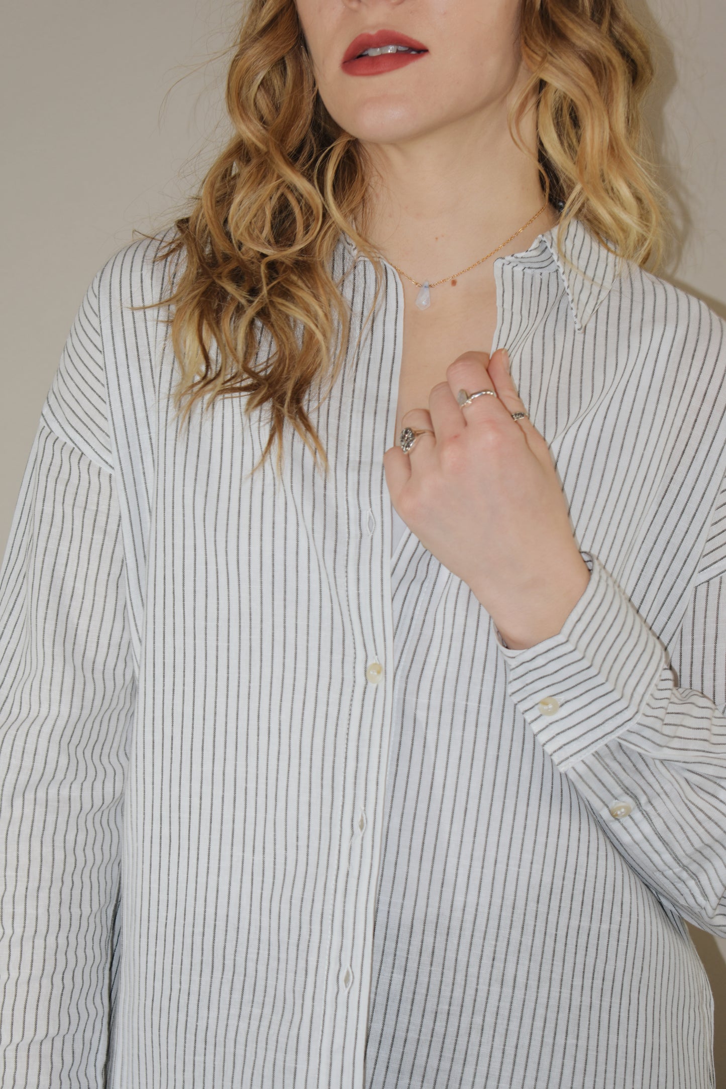 boyfriend style pinstripe long sleeve button down shirt full length relaxed fit drop shoulders