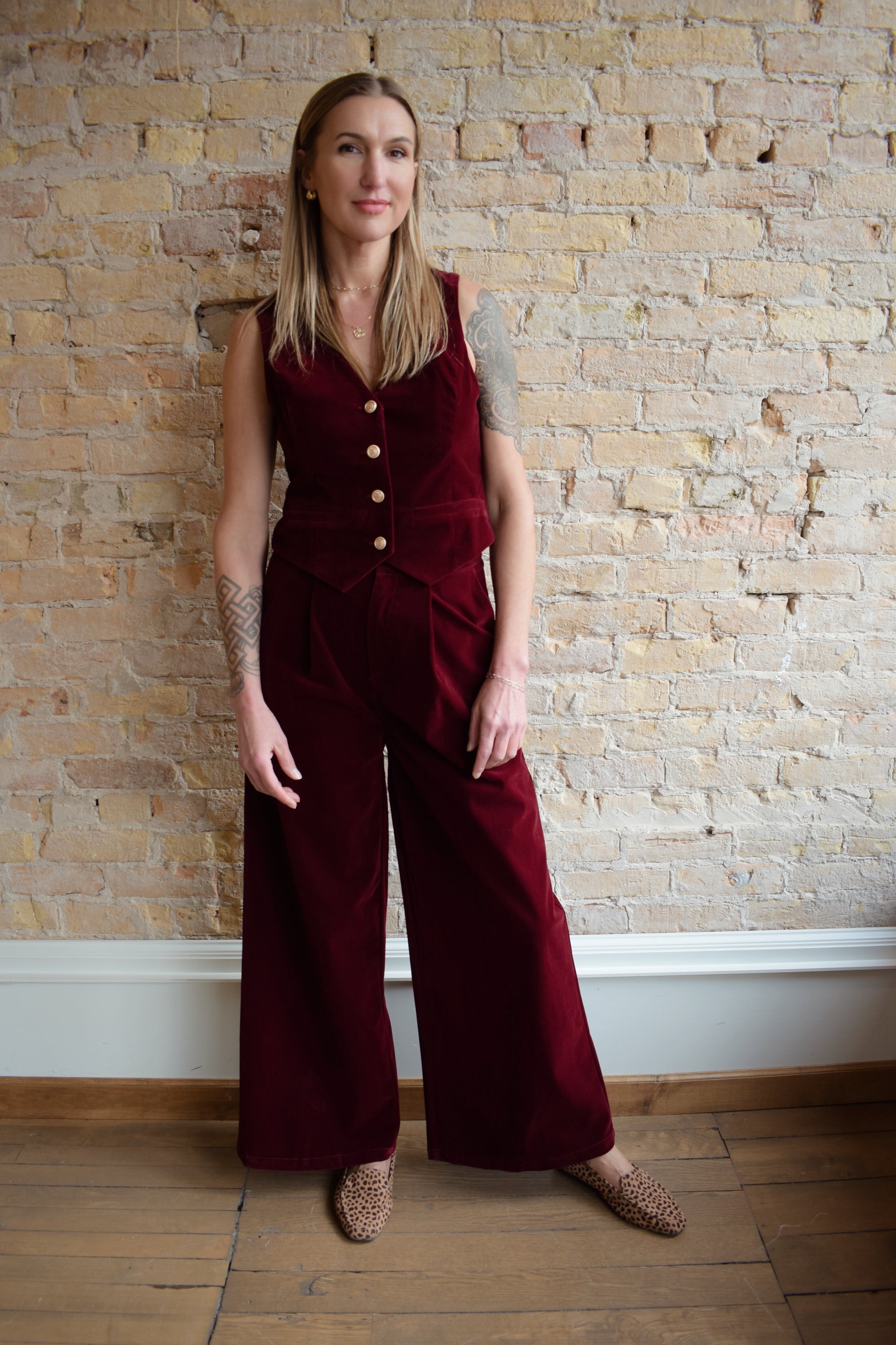 red velvet suit vest with satin back, buckle on back, gold button enclosure down front