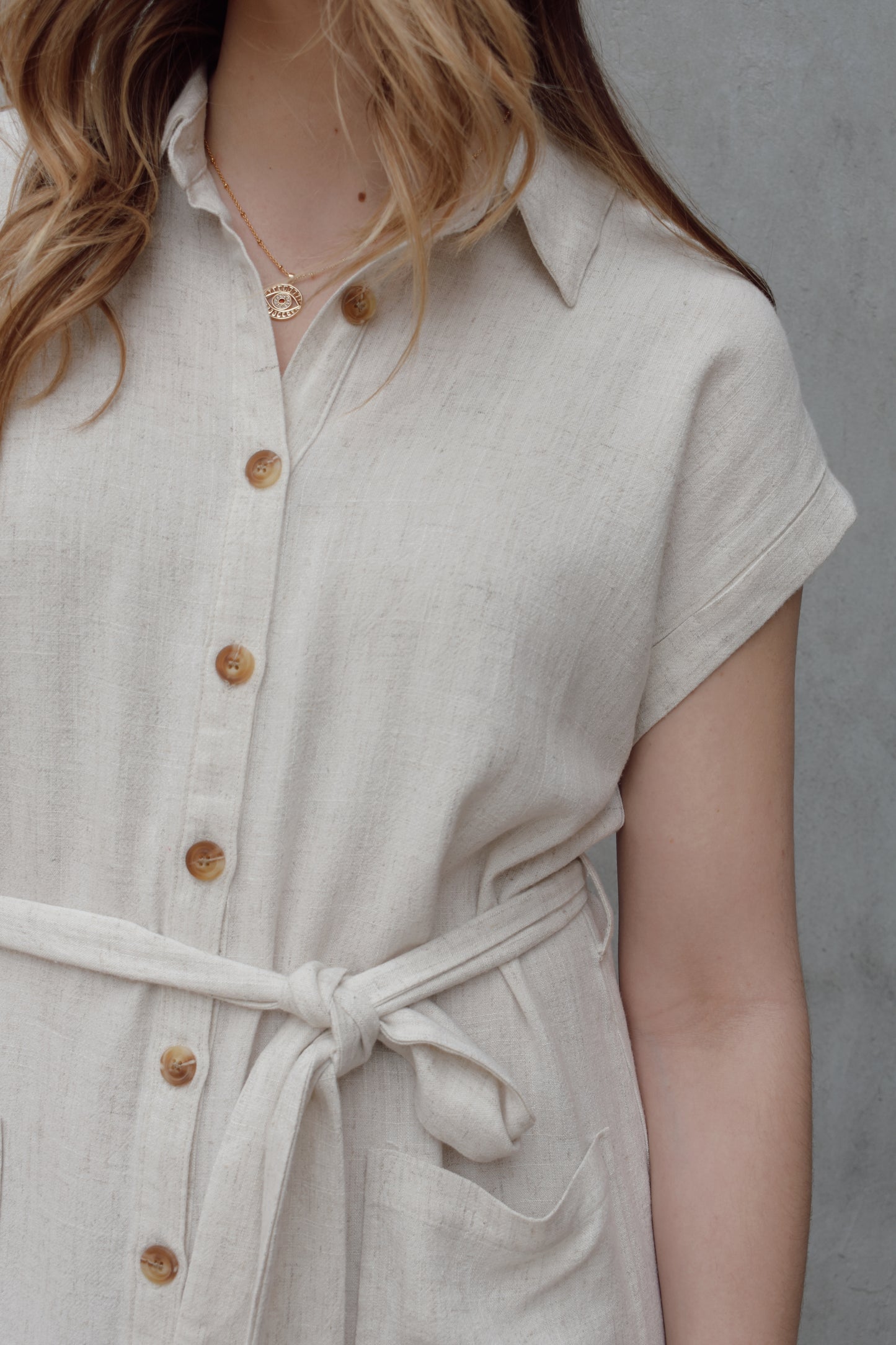 linen button down mini dress with front slouchy patch pockets waist tie cap sleeves lightweight 